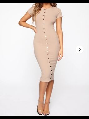 Fashion Nova Beige Ribbed Button-Front Midi Dress
